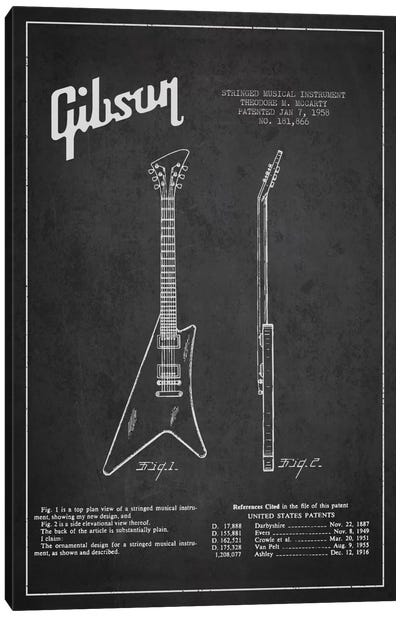 Gibson Instrument Charcoal Patent Blueprint Canvas Art Print - Aged Pixel: Music