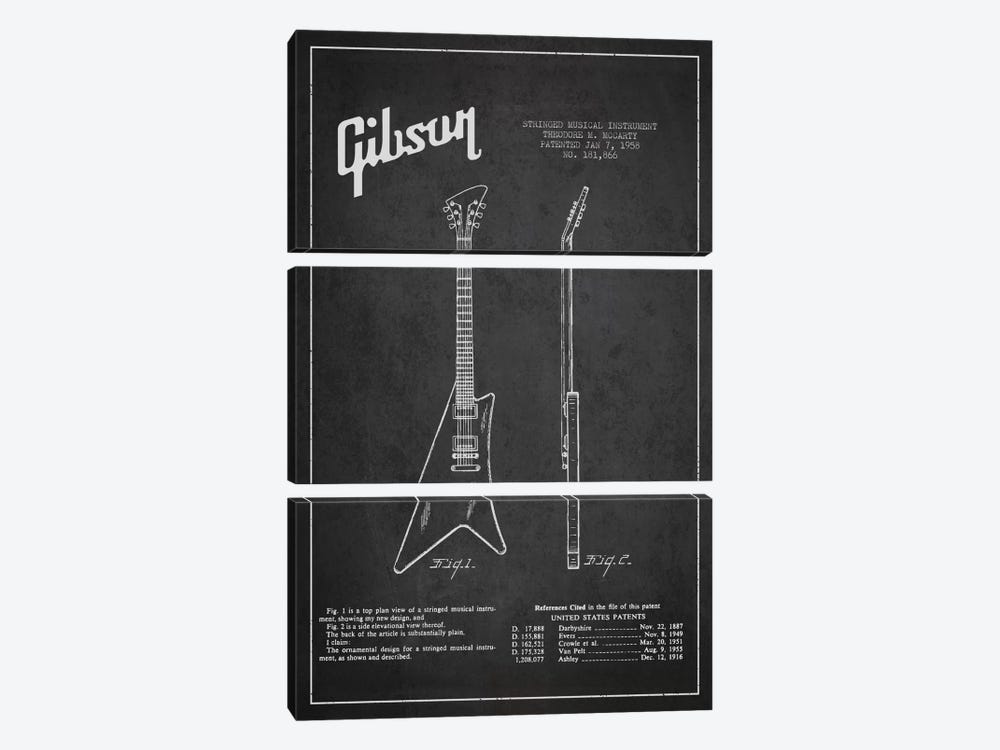 Gibson Instrument Charcoal Patent Blueprint by Aged Pixel 3-piece Canvas Print