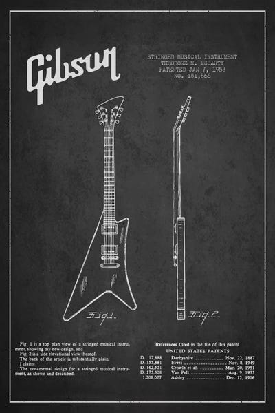 Music Blueprints: Gibson Instrument Charcoal Patent Blueprint by Aged Pixel