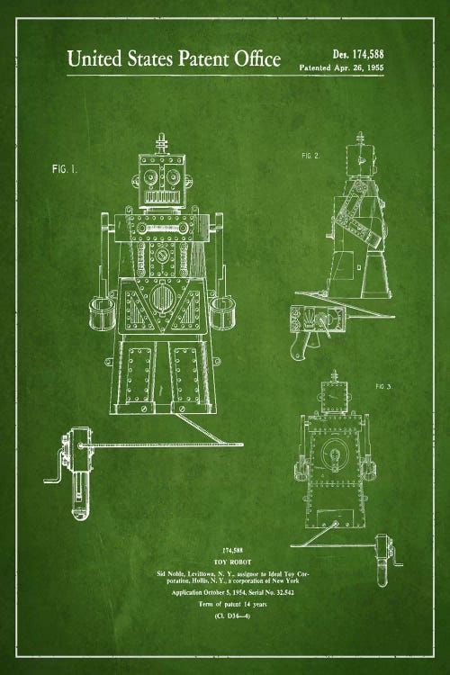 Toy Robot Green Patent Blueprint by Aged Pixel wall art
