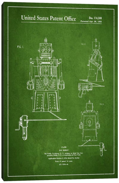 Toy Robot Green Patent Blueprint Canvas Art Print - Toy & Game Blueprints