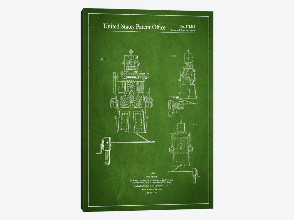 Toy Robot Green Patent Blueprint by Aged Pixel 1-piece Canvas Print