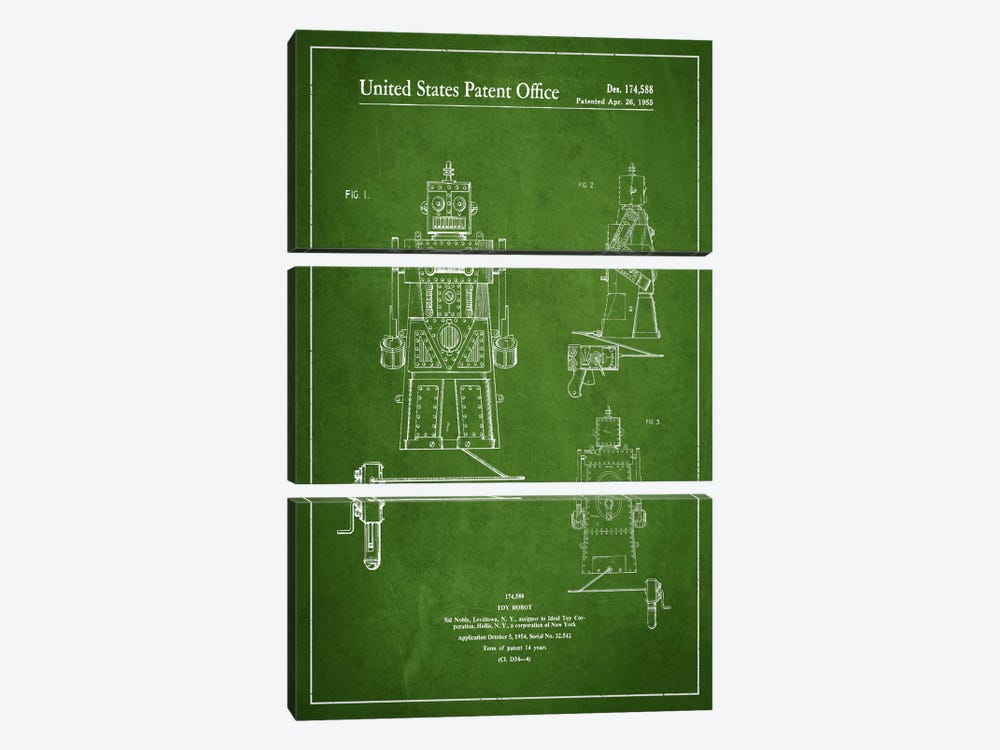 Toy Robot Green Patent Blueprint by Aged Pixel 3-piece Canvas Print