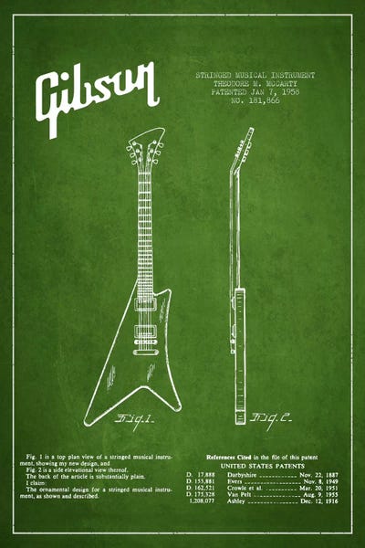 Gibson Instrument Green Patent Blueprint by Aged Pixel metal wall art