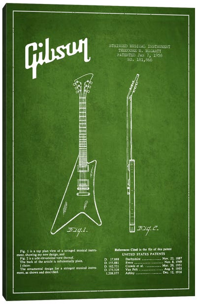 Gibson Instrument Green Patent Blueprint Canvas Art Print - Musical Instrument Art