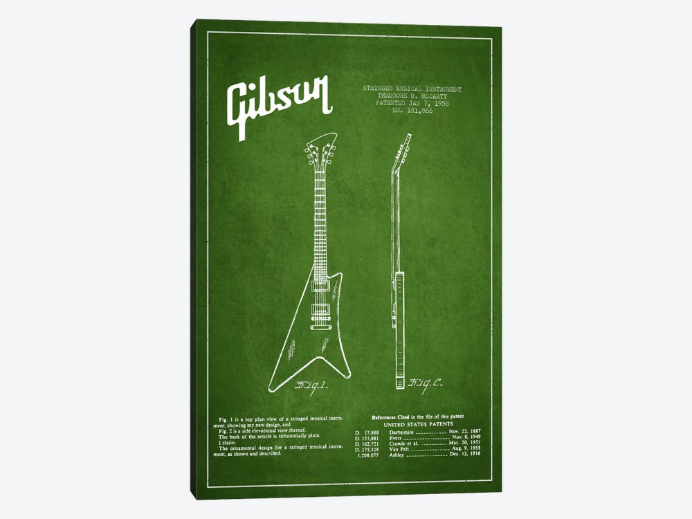Gibson Instrument Green Patent Blueprint by Aged Pixel 1-piece Art Print