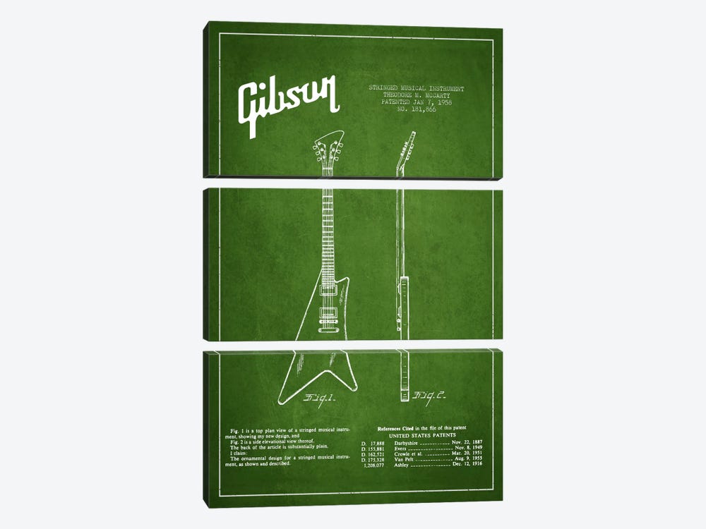 Gibson Instrument Green Patent Blueprint by Aged Pixel 3-piece Canvas Print