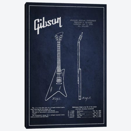 Gibson Instrument Navy Blue Patent Blueprint Canvas Print #ADP981} by Aged Pixel Canvas Art
