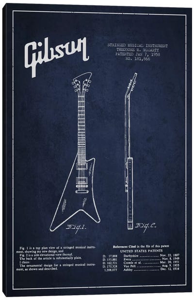 Gibson Instrument Navy Blue Patent Blueprint Canvas Art Print - Music Blueprints