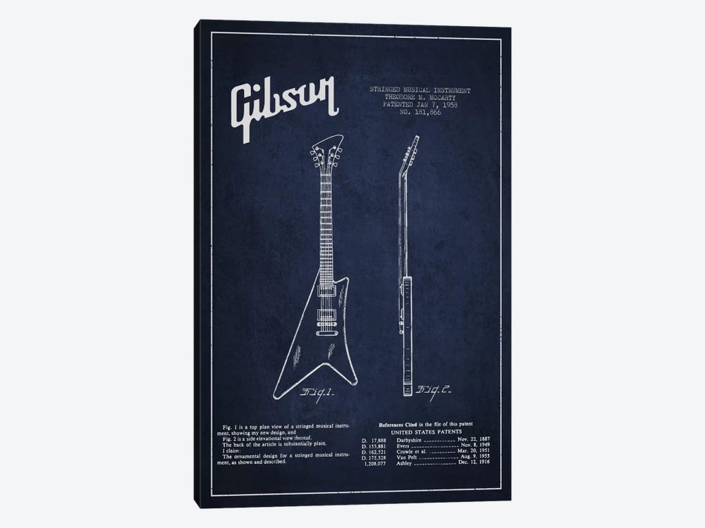 Gibson Instrument Navy Blue Patent Blueprint by Aged Pixel 1-piece Canvas Art