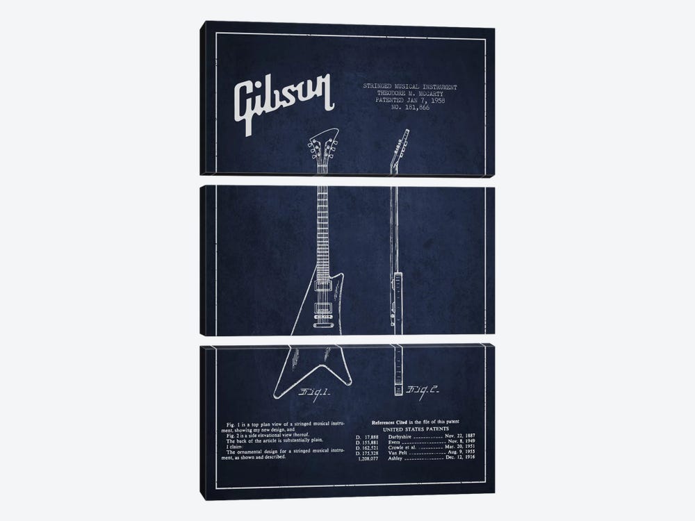 Gibson Instrument Navy Blue Patent Blueprint by Aged Pixel 3-piece Canvas Wall Art