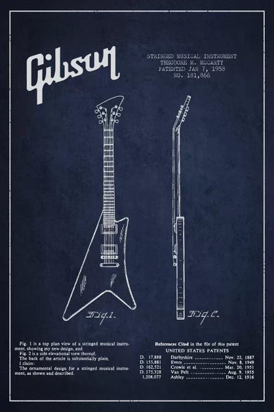 Music Blueprints: Gibson Instrument Navy Blue Patent Blueprint by Aged Pixel