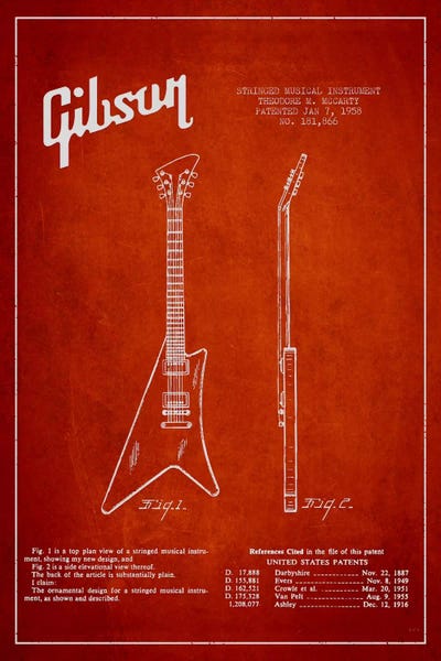 Gibson Instrument Red Patent Blueprint by Aged Pixel metal wall art