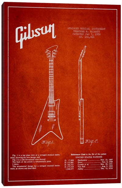 Gibson Instrument Red Patent Blueprint Canvas Art Print - Musical Instrument Art