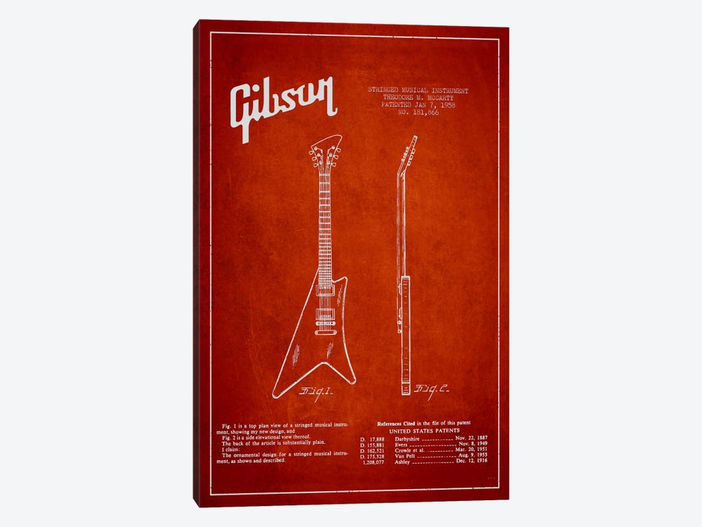 Gibson Instrument Red Patent Blueprint by Aged Pixel 1-piece Canvas Print