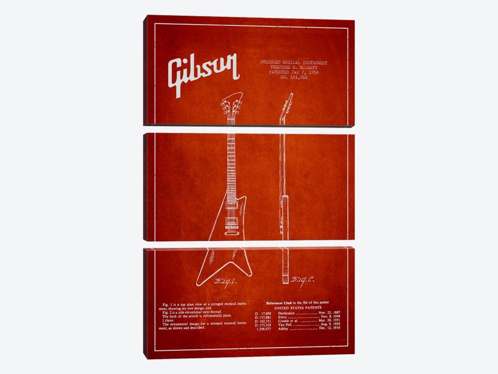 Gibson Instrument Red Patent Blueprint by Aged Pixel 3-piece Art Print