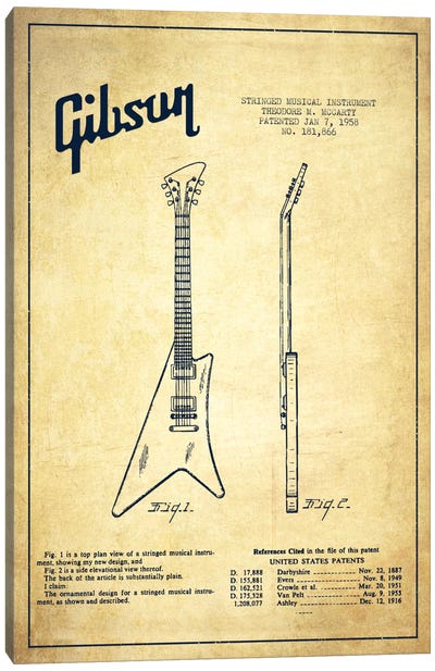 Gibson Instrument Vintage Patent Blueprint Canvas Art Print - Aged Pixel: Music