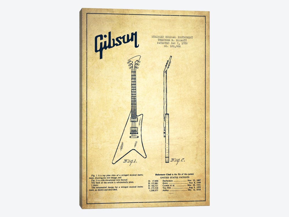 Gibson Instrument Vintage Patent Blueprint by Aged Pixel 1-piece Canvas Art