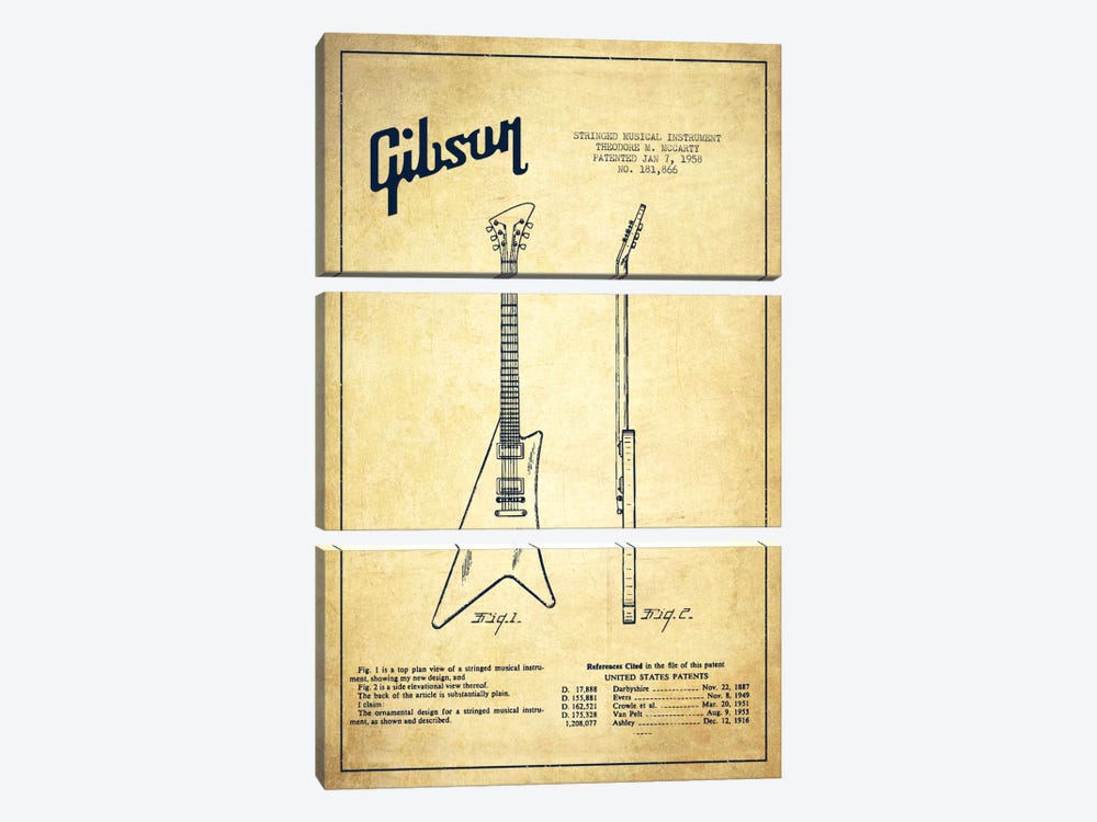Gibson Instrument Vintage Patent Blueprint by Aged Pixel 3-piece Canvas Wall Art