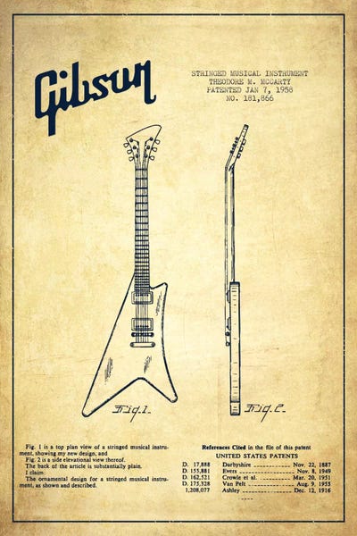 Music Blueprints: Gibson Instrument Vintage Patent Blueprint by Aged Pixel