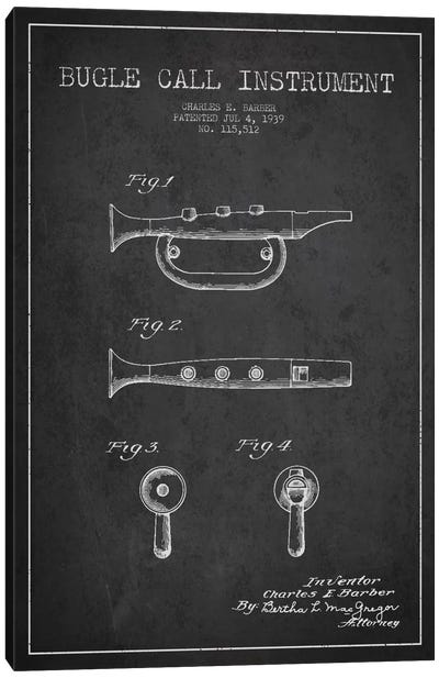Bugle Charcoal Patent Blueprint Canvas Art Print - Musical Instrument Art