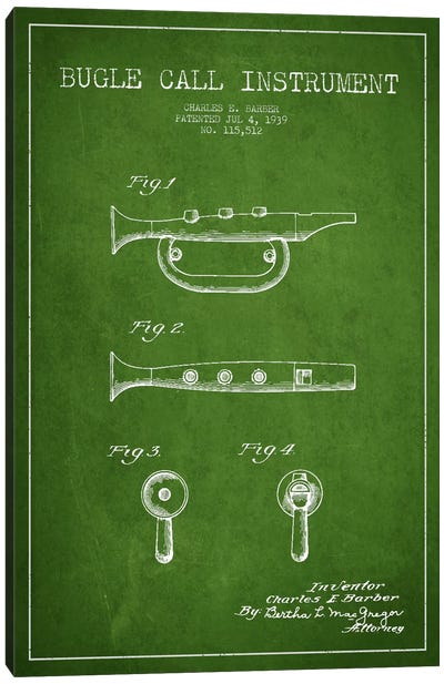 Bugle Green Patent Blueprint Canvas Art Print - Music Blueprints