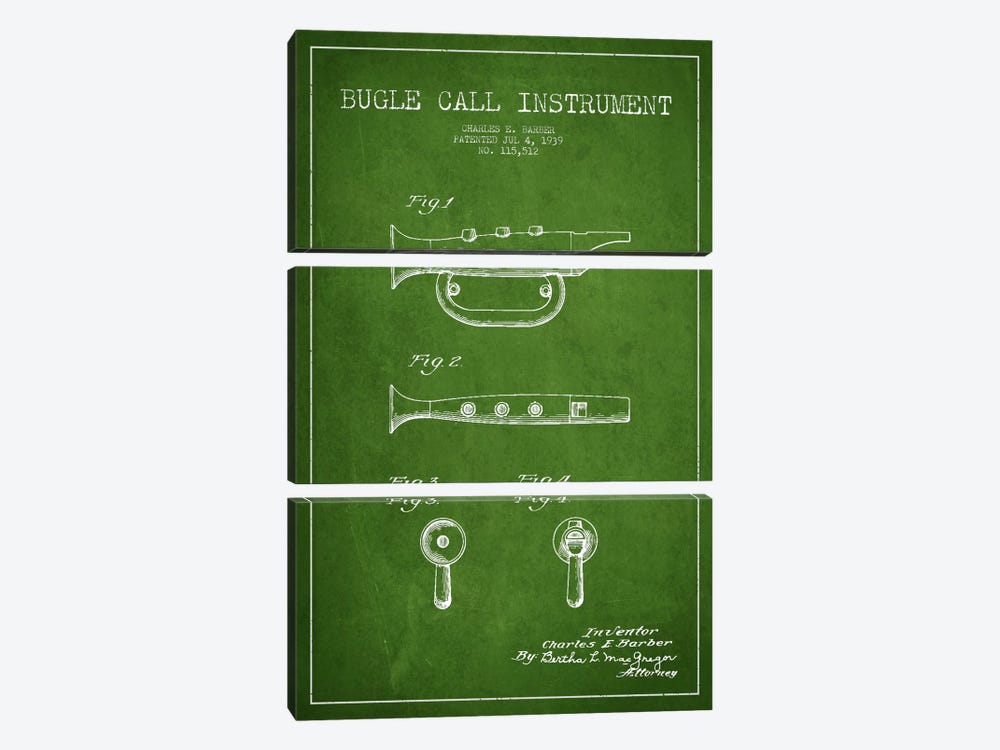 Bugle Green Patent Blueprint by Aged Pixel 3-piece Canvas Art