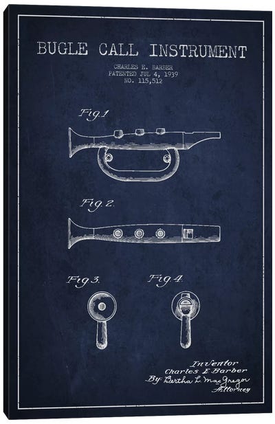 Bugle Navy Blue Patent Blueprint Canvas Art Print - Musical Instrument Art