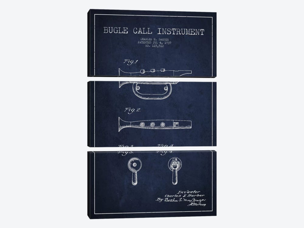 Bugle Navy Blue Patent Blueprint by Aged Pixel 3-piece Canvas Art Print