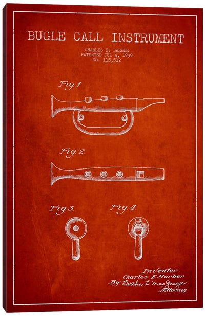 Bugle Red Patent Blueprint Canvas Art Print - Music Blueprints
