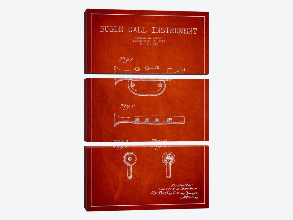 Bugle Red Patent Blueprint by Aged Pixel 3-piece Canvas Artwork