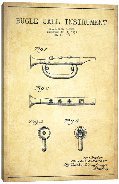 Bugle Vintage Patent Blueprint Canvas Art Print - Aged Pixel: Music