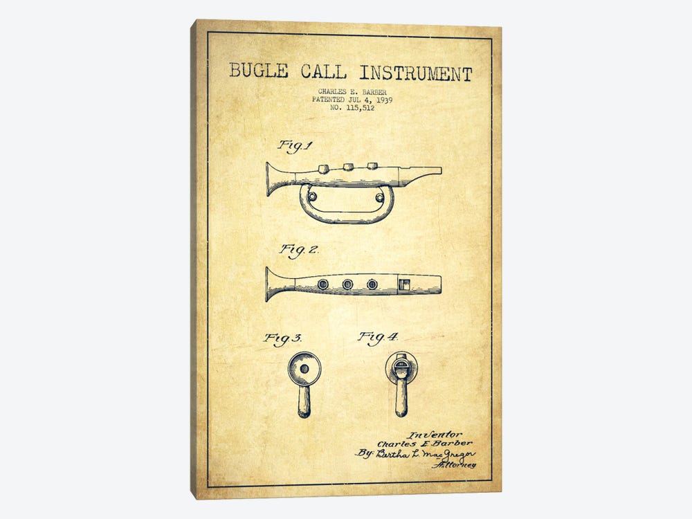 Bugle Vintage Patent Blueprint by Aged Pixel 1-piece Canvas Print