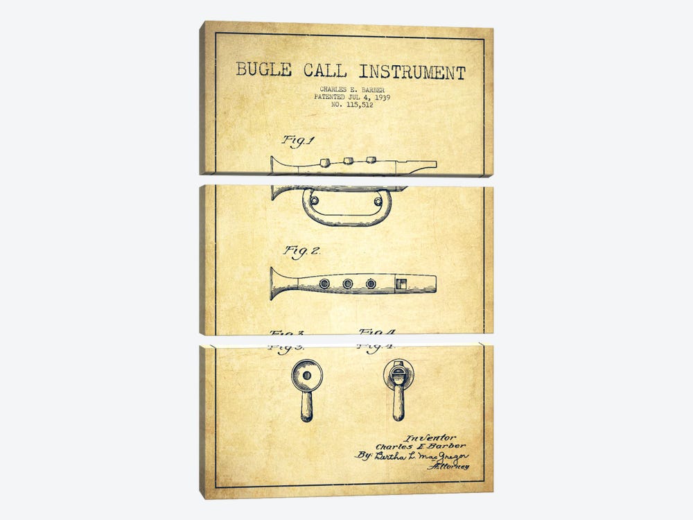 Bugle Vintage Patent Blueprint by Aged Pixel 3-piece Canvas Art Print