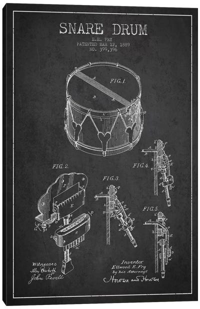 Snare Drum Charcoal Patent Blueprint Canvas Art Print - Aged Pixel: Music