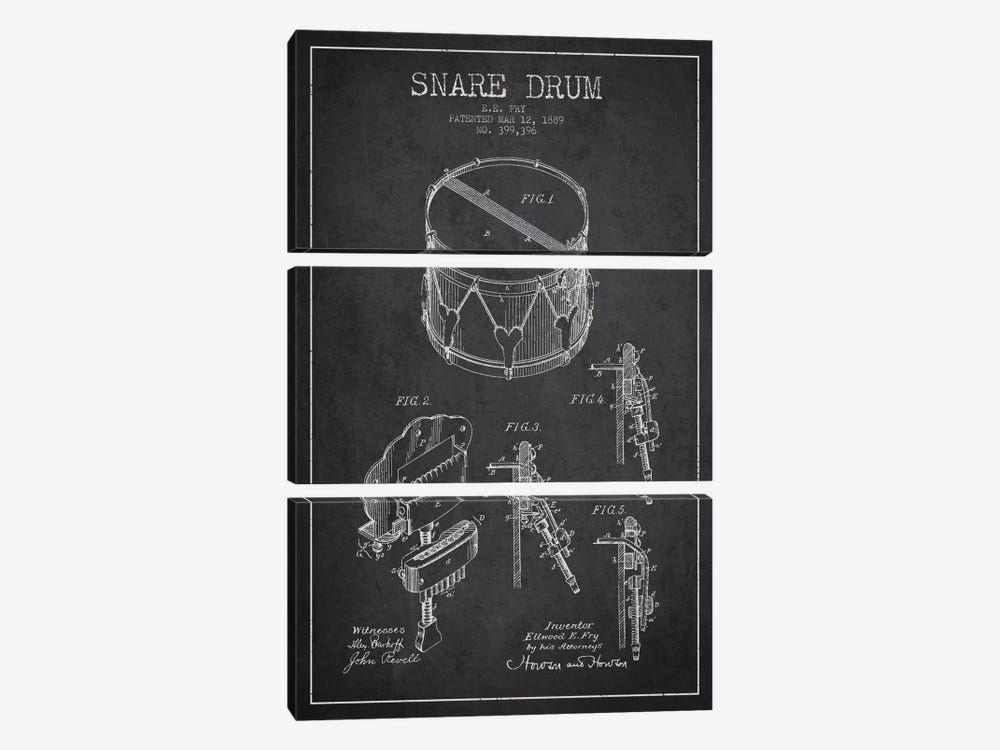 Snare Drum Charcoal Patent Blueprint by Aged Pixel 3-piece Canvas Wall Art