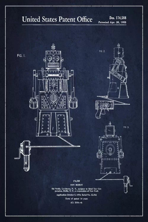 Toy Robot Navy Blue Patent Blueprint by Aged Pixel wall art