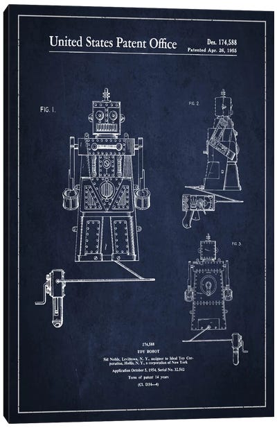 Toy Robot Navy Blue Patent Blueprint Canvas Art Print - Toy & Game Blueprints