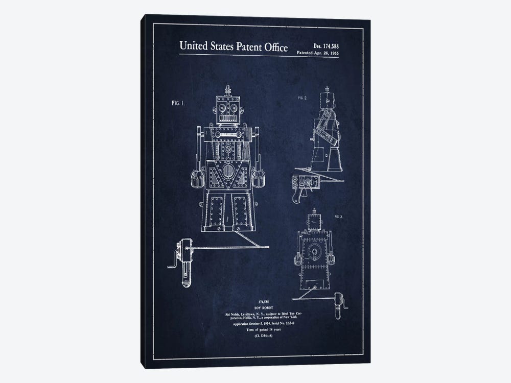 Toy Robot Navy Blue Patent Blueprint 1-piece Canvas Art