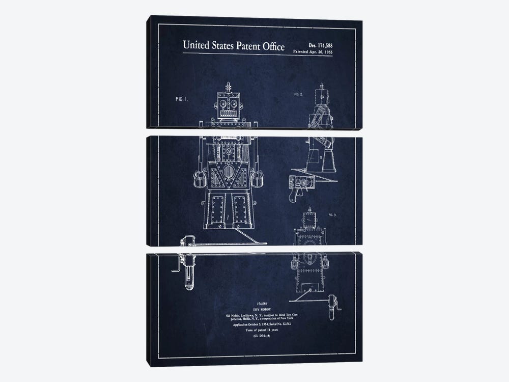 Toy Robot Navy Blue Patent Blueprint by Aged Pixel 3-piece Canvas Artwork
