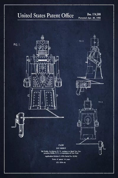 Toy & Game Blueprints: Toy Robot Navy Blue Patent Blueprint by Aged Pixel