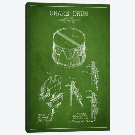 Snare Drum Green Patent Blueprint Canvas Print #ADP990} by Aged Pixel Canvas Print