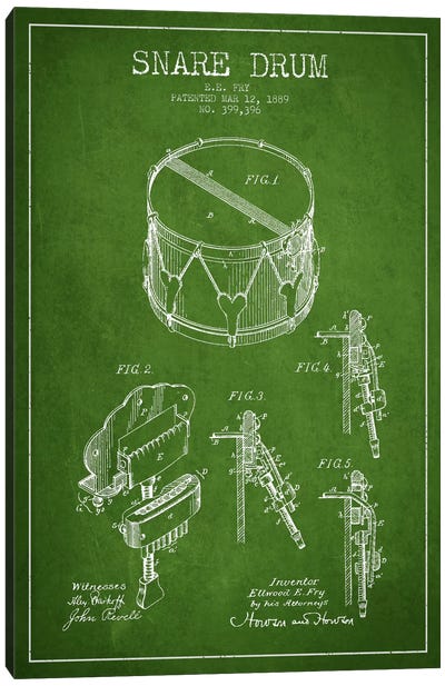 Snare Drum Green Patent Blueprint Canvas Art Print - Aged Pixel: Music