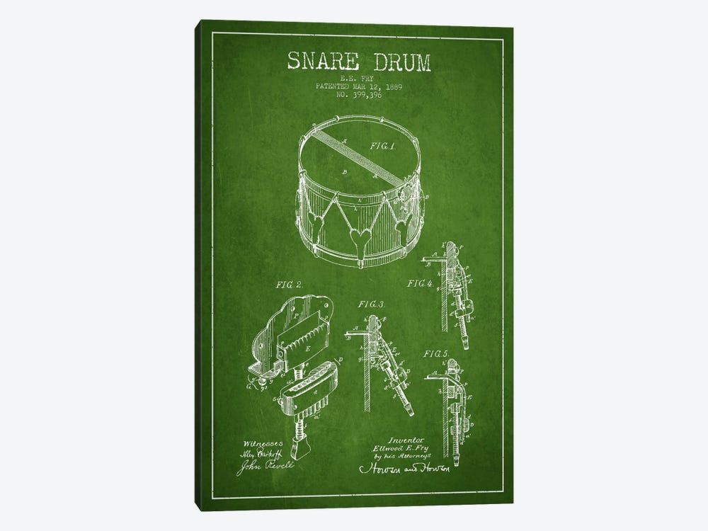 Snare Drum Green Patent Blueprint by Aged Pixel 1-piece Canvas Art