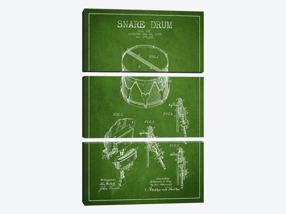 Snare Drum Green Patent Blueprint by Aged Pixel 3-piece Canvas Wall Art