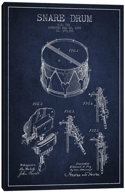 Snare Drum Navy Blue Patent Blueprint Canvas Art Print - Aged Pixel: Music