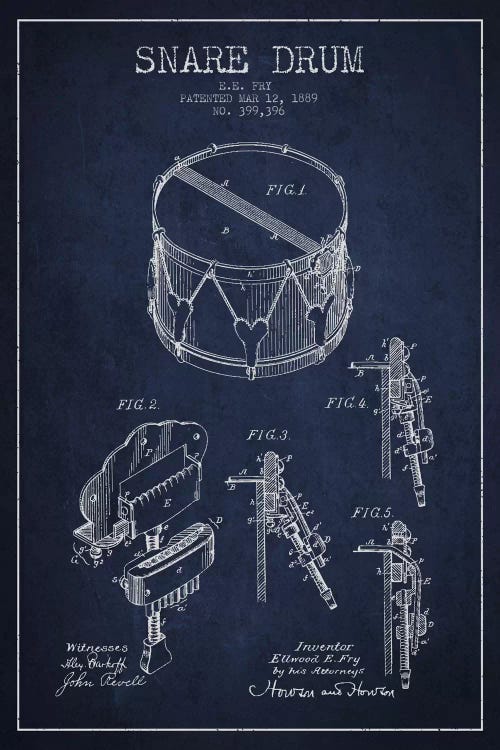 Snare Drum Navy Blue Patent Blueprint by Aged Pixel wall art