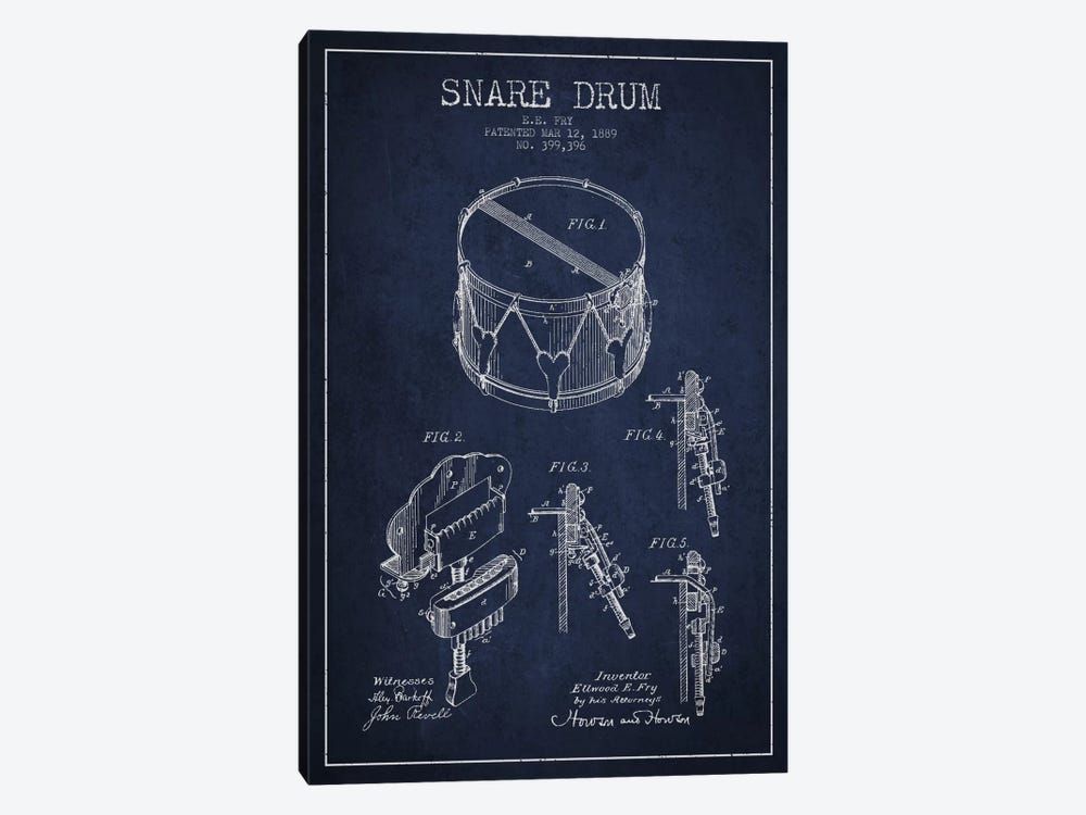 Snare Drum Navy Blue Patent Blueprint by Aged Pixel 1-piece Canvas Print
