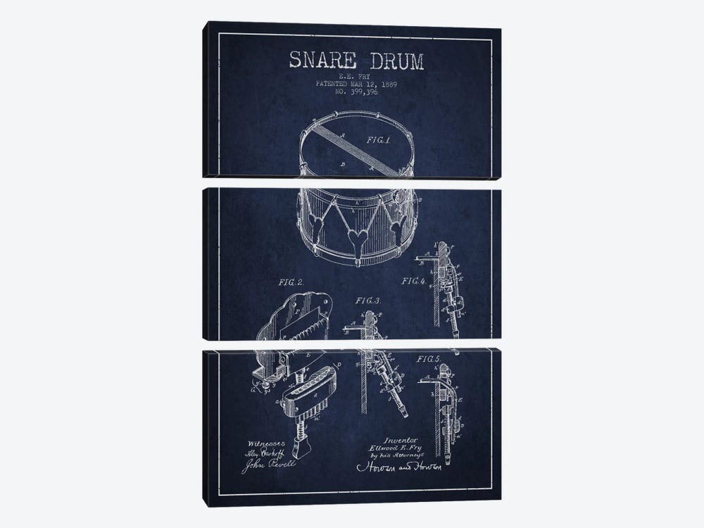 Snare Drum Navy Blue Patent Blueprint by Aged Pixel 3-piece Art Print