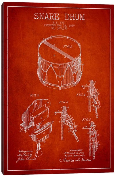 Snare Drum Red Patent Blueprint Canvas Art Print - Aged Pixel: Music
